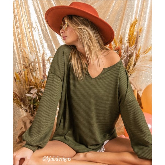 LAST 2! Soft Waffle Knit Deep Olive Thermal Top with Balloon Sleeves - Picture 6 of 7